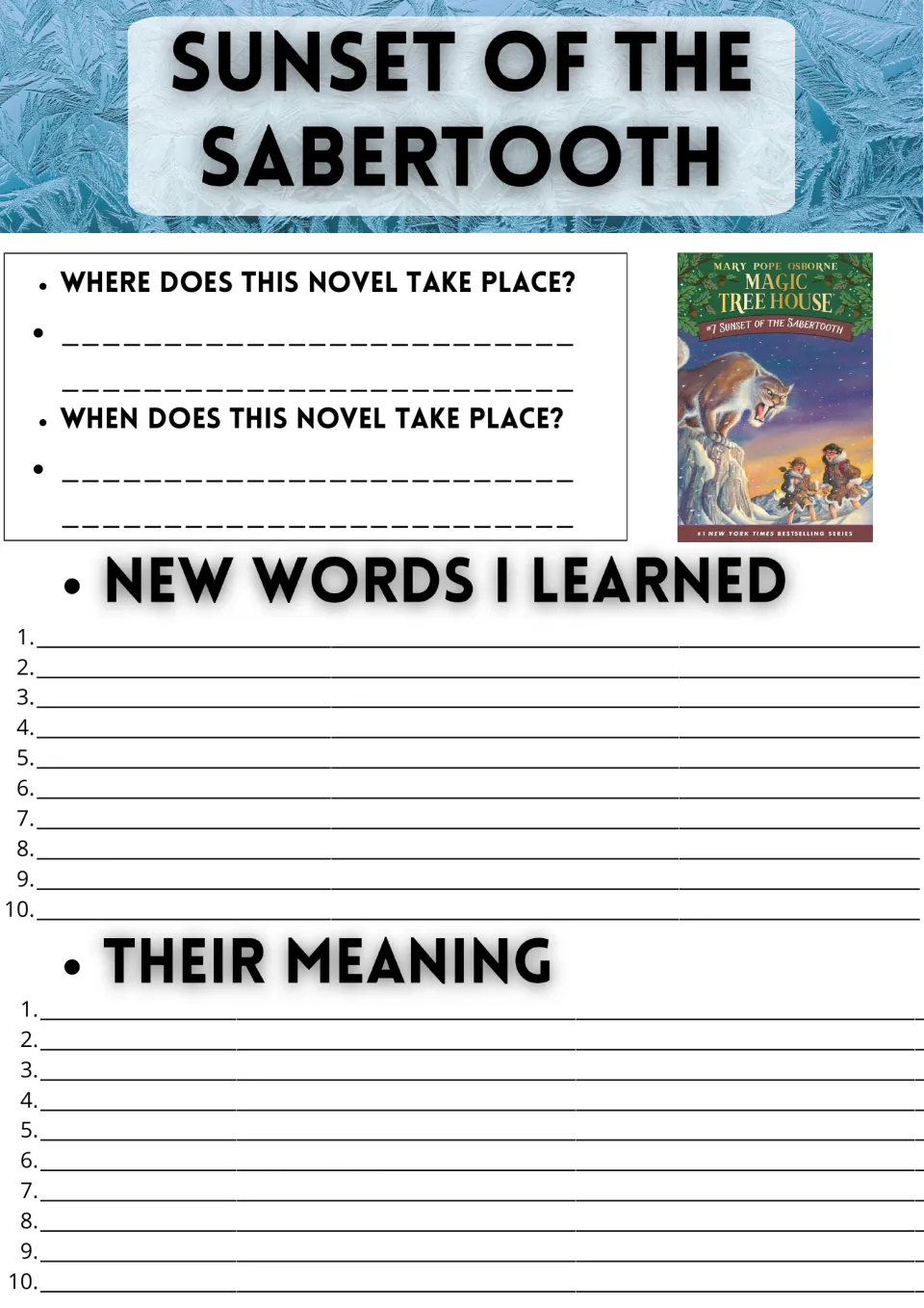 Novel study opening page: questions about where and when the story takes place, plus 10 words and meanings