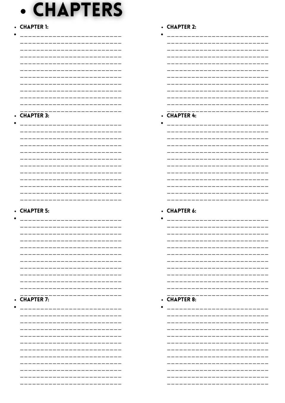 Novel study chapter summary section: spaces to summarize chapters 1–8 under individual chapter headings