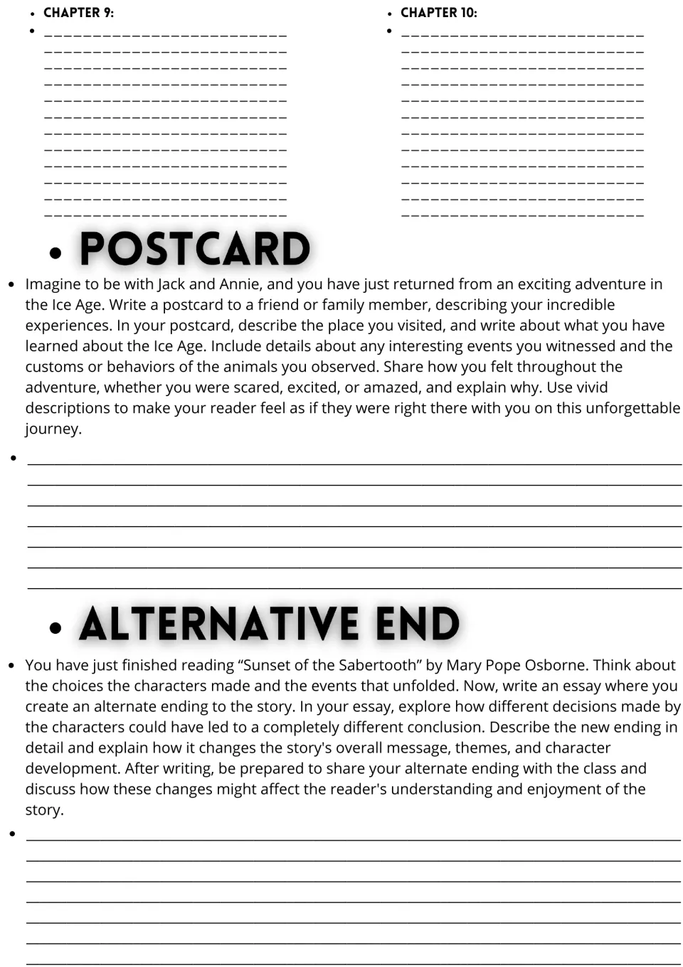 Novel study final page: chapter 9–10 summaries, an Ice Age postcard prompt, and an alternate ending essay