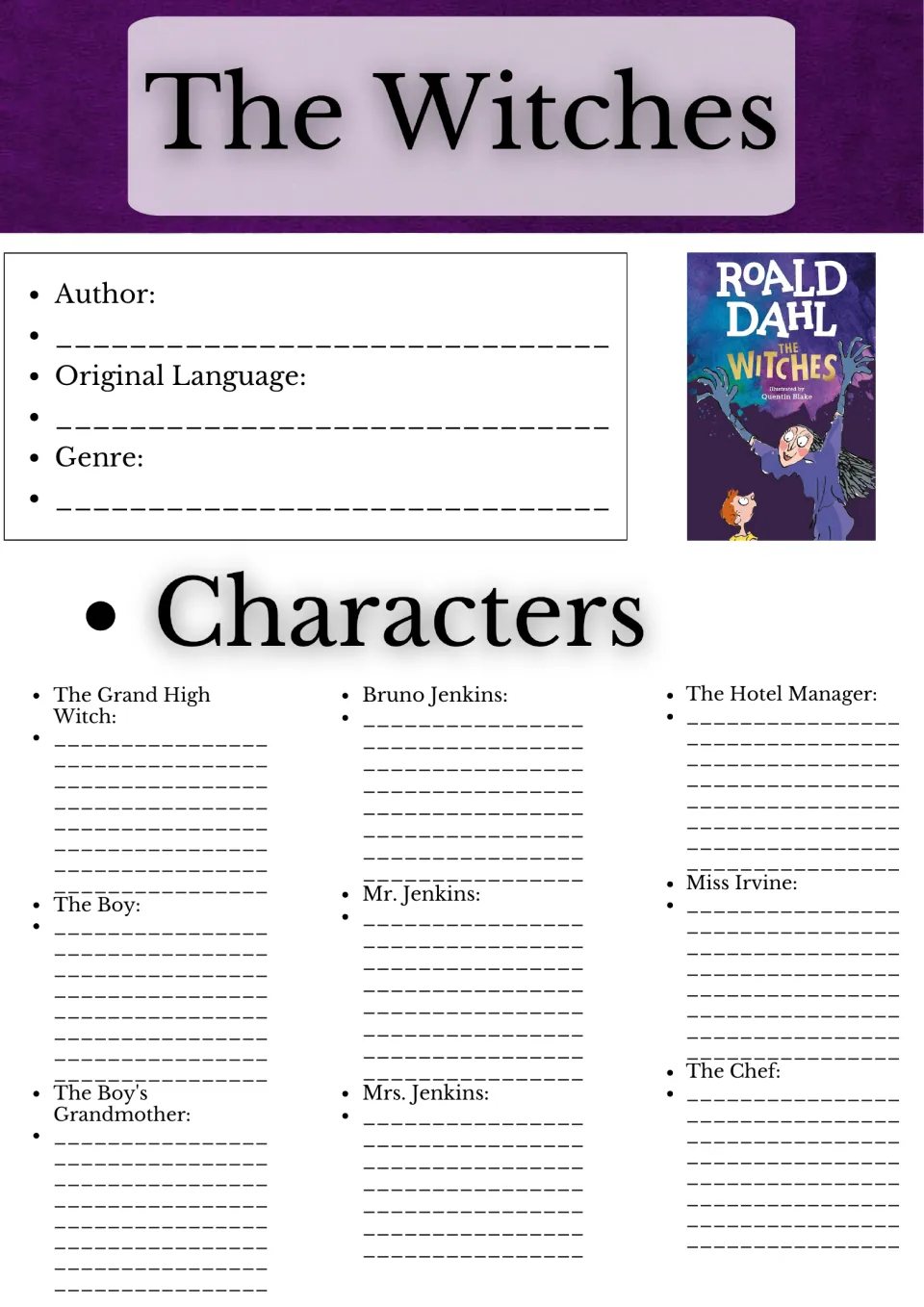 The Witches character notes: students record author, language and genre, then describe the Grand High Witch and 8 others