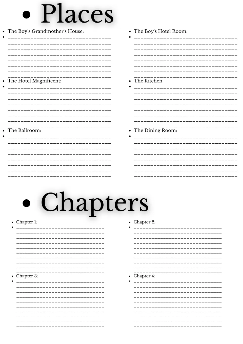 Places and chapter summaries: students describe six settings such as the Hotel Magnificent, then summarise chapters 1 to 4