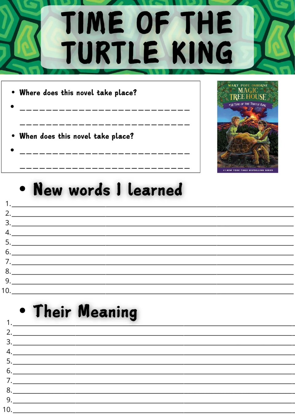 Novel study opening page: setting questions and spaces for 10 new vocabulary words and their meanings