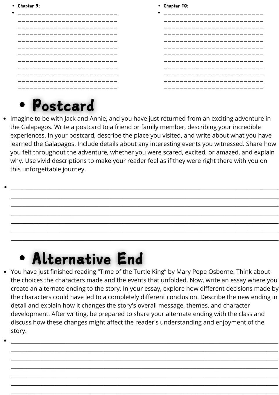 Novel study conclusion: Chapters 9–10 summaries, a Galapagos adventure postcard, and an alternate ending essay