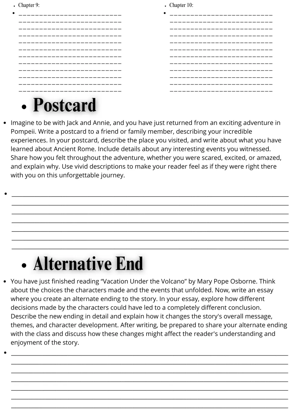 Chapters 9-10 notes and writing: a Pompeii postcard after traveling with Jack and Annie, and an alternate ending essay