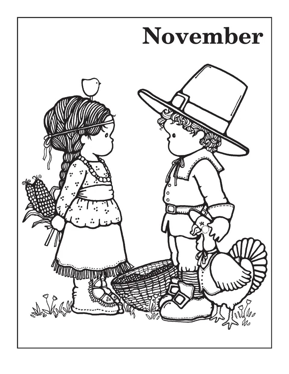 November opening picture: a Pilgrim boy beside a turkey and a Native American girl holding corn near a basket