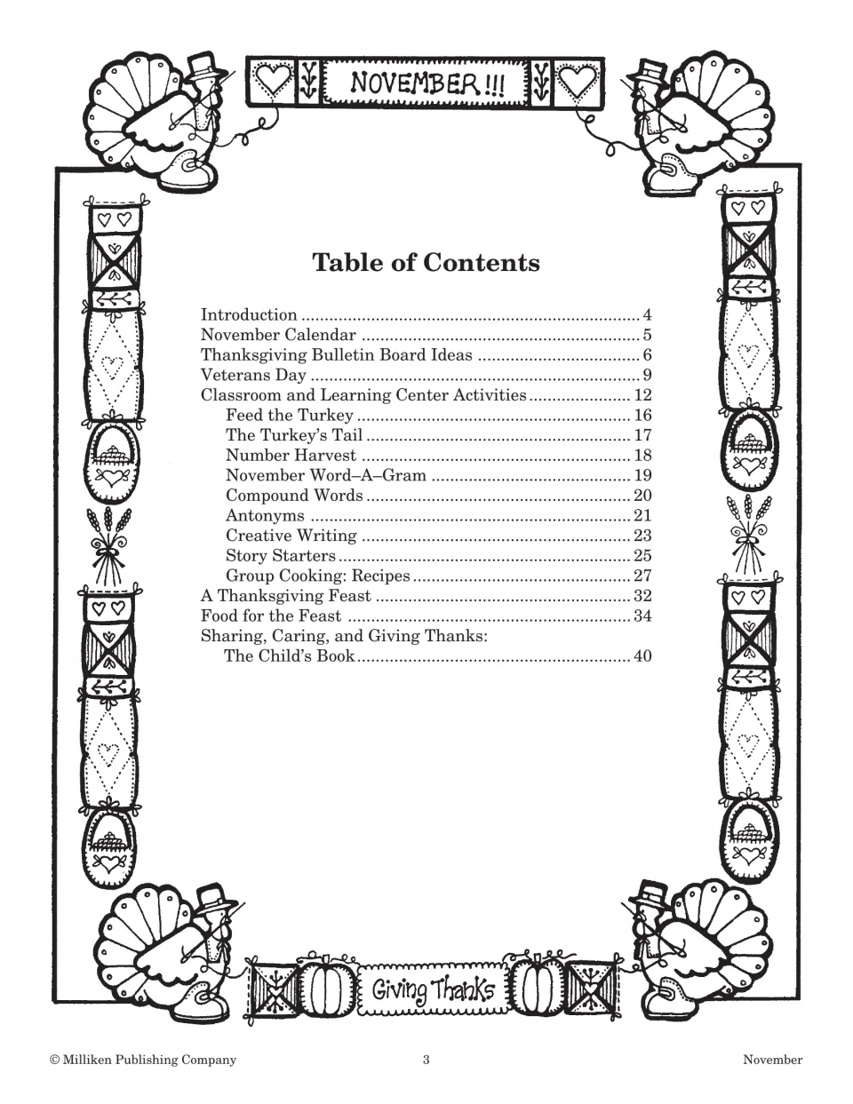 Table of contents listing the calendar, bulletin boards, Veterans Day, center activities, recipes, feast and child's book