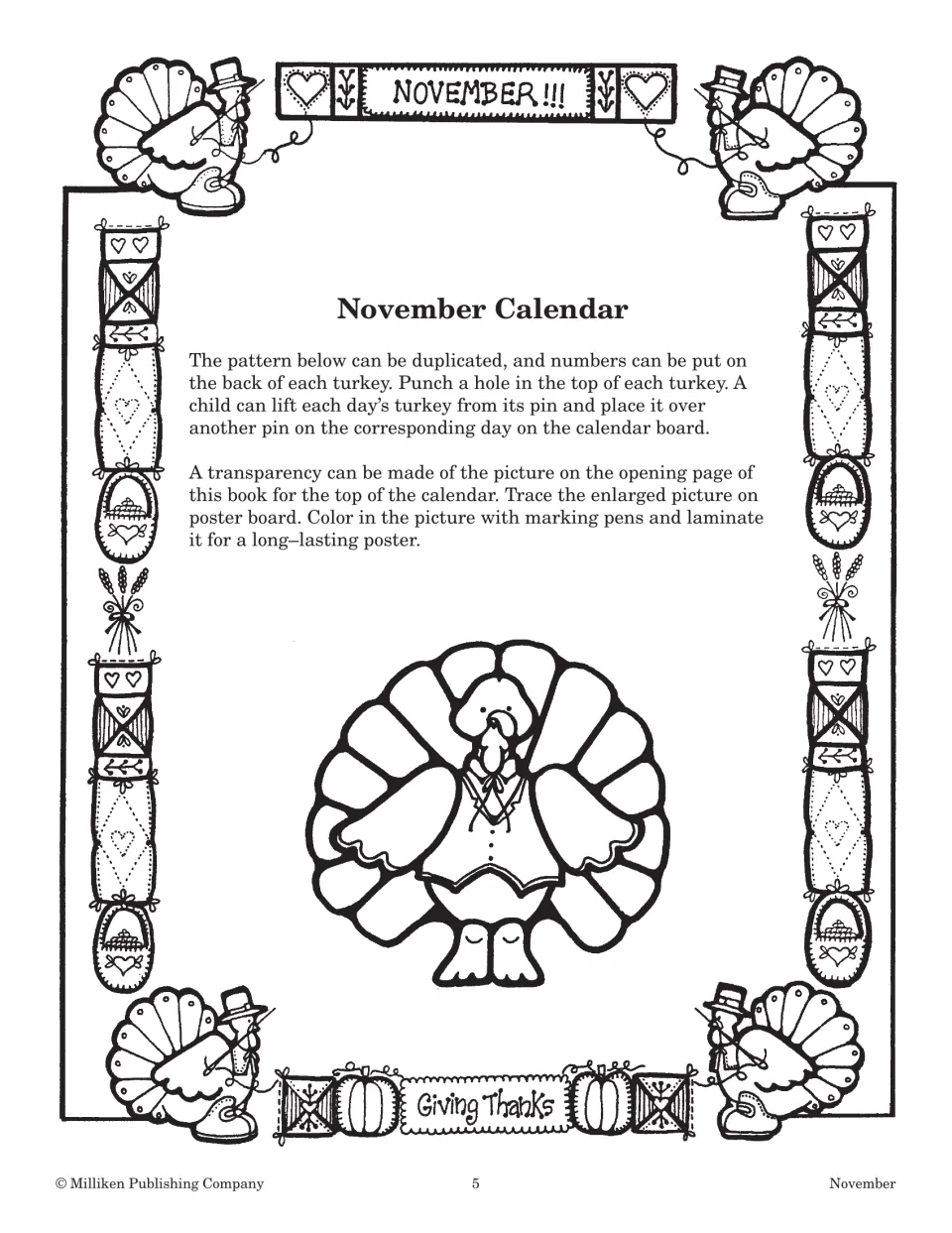 November Calendar: directions for numbering and hanging turkey day markers on a calendar board, plus a turkey pattern