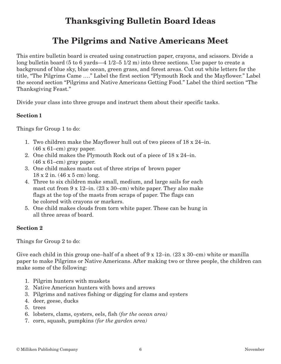 Pilgrims and Native Americans Meet bulletin board: three-section plan with paper-craft tasks for groups 1 and 2
