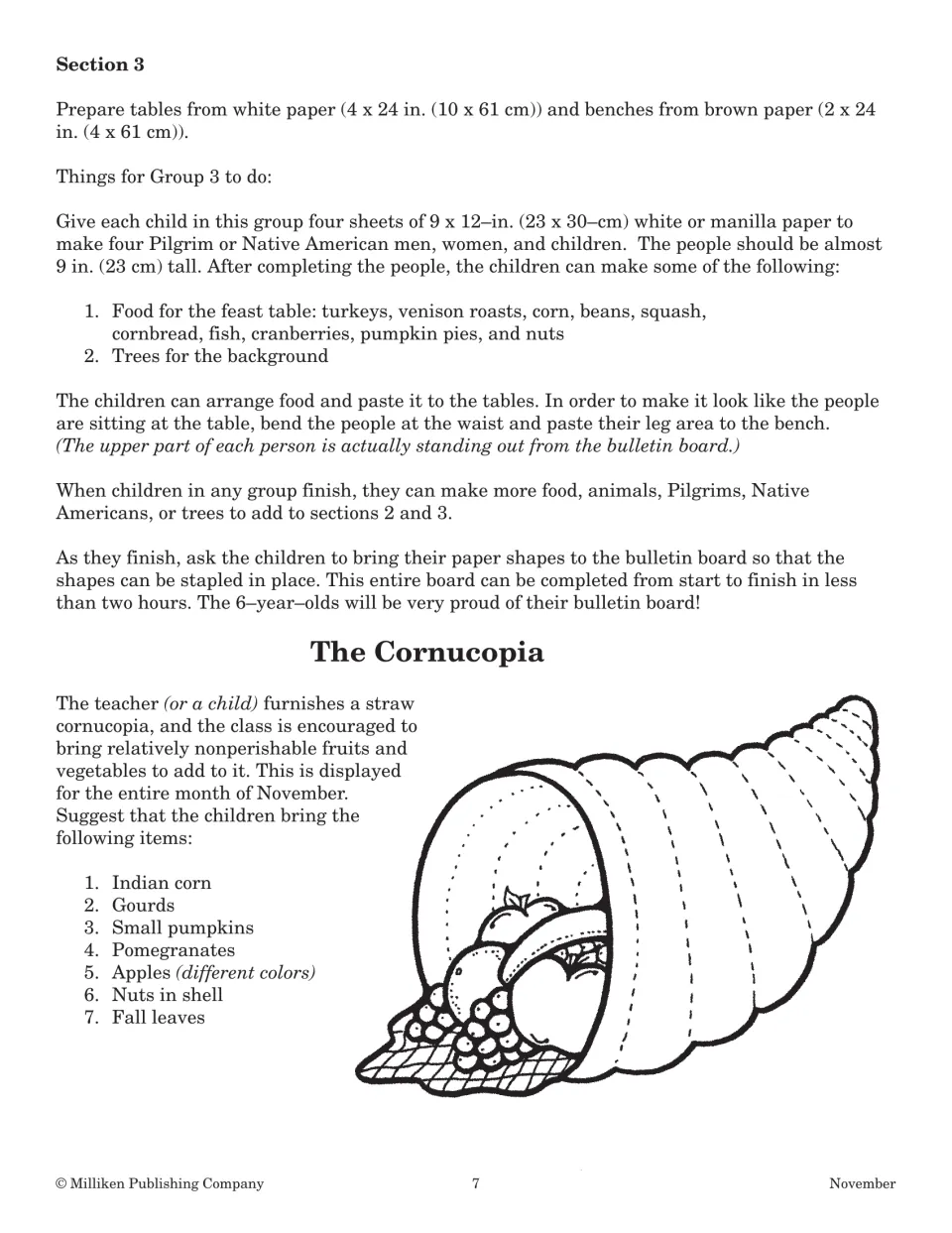 Bulletin board section 3 feast-table tasks for group 3, then a cornucopia display with a list of fall items to bring