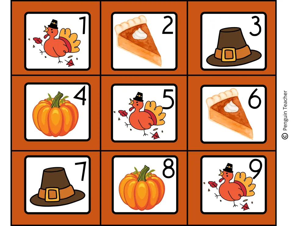 Calendar date cards 1 to 9 illustrated with a pilgrim turkey, pumpkin pie slice, pilgrim hat and orange pumpkin