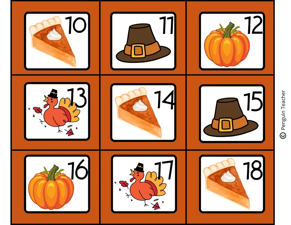 Thanksgiving calendar date cards numbered 10 to 18, each showing a pie slice, pilgrim hat, pumpkin or turkey picture