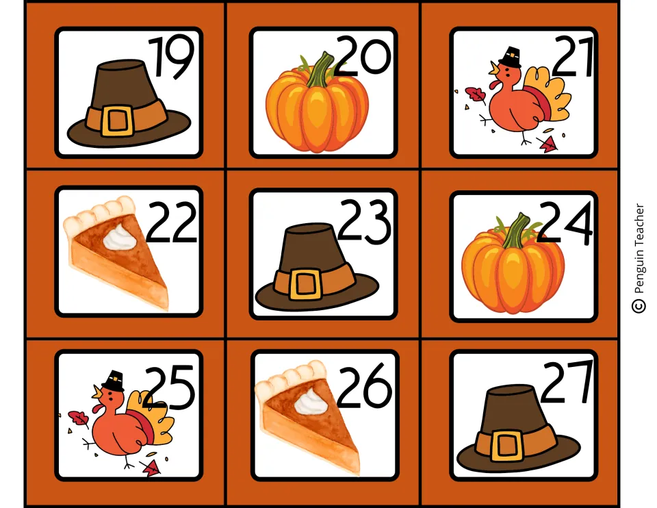 Fall date cards 19 through 27 for the class calendar, decorated with pilgrim hats, pumpkins, turkeys and pie