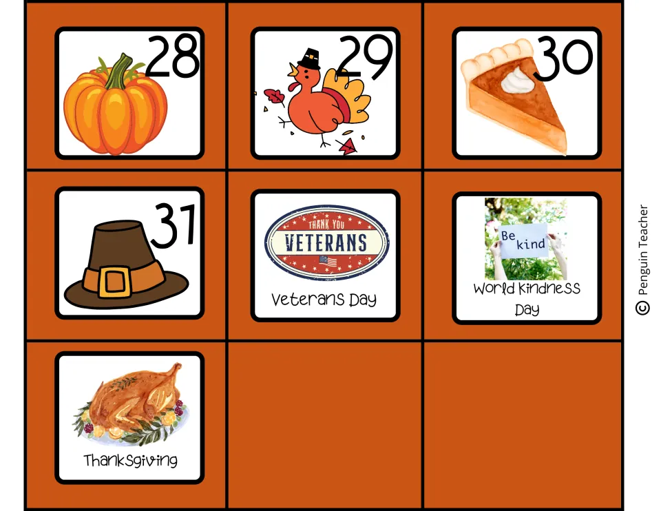 Date cards 28 to 31 plus special-day cards for Veterans Day, World Kindness Day (Be kind sign) and Thanksgiving turkey