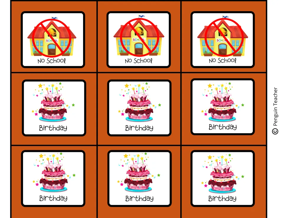 No School and Birthday markers for the calendar: three schoolhouses under a red prohibition sign, six pink layered cakes