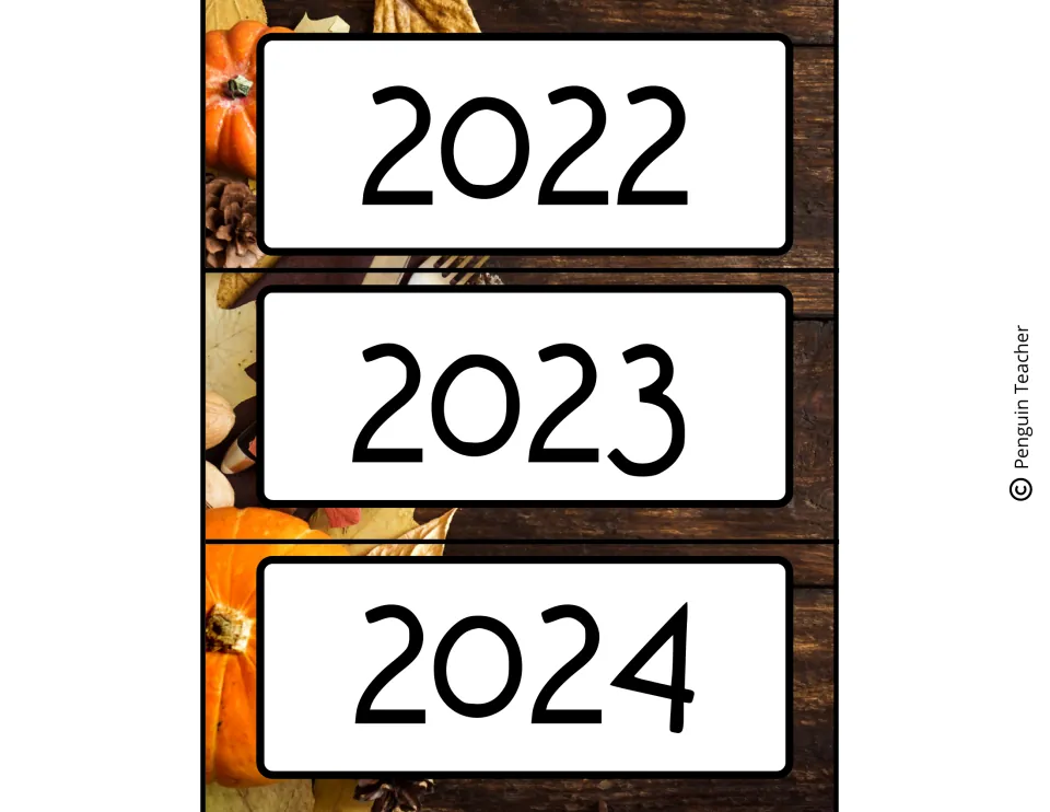 Year cards reading 2022, 2023 and 2024 on a rustic wood and pumpkin autumn background for the calendar header