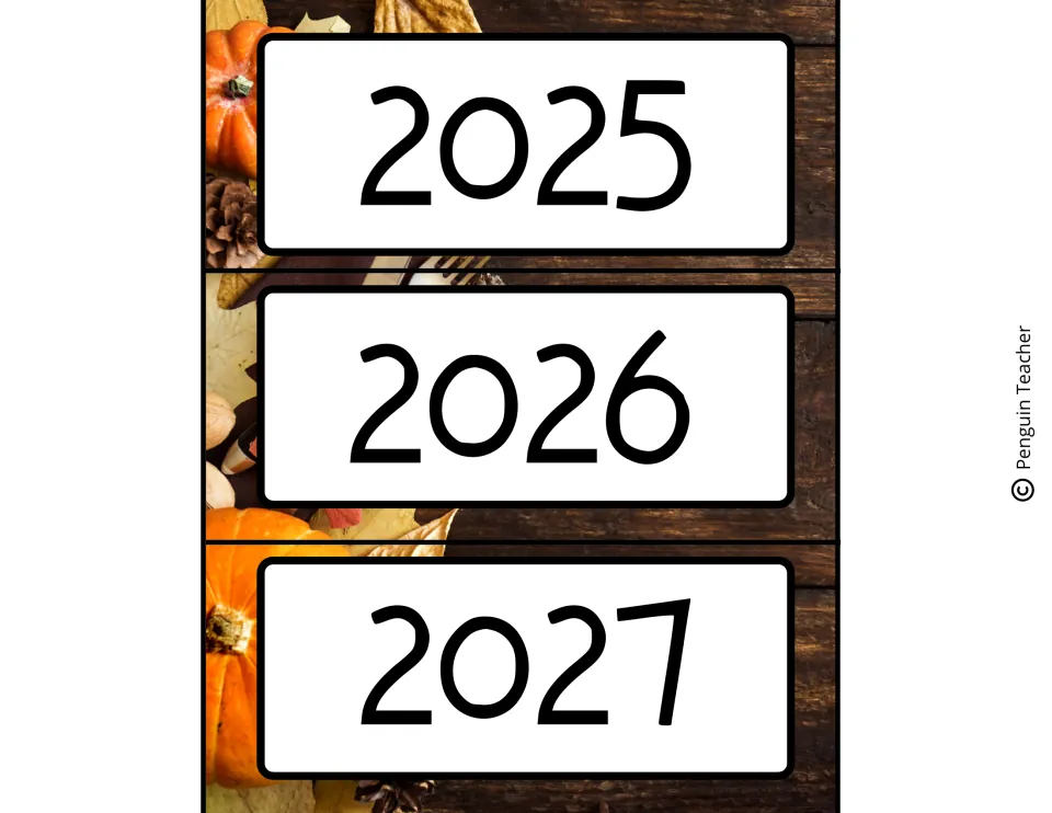 Calendar year labels for 2025, 2026 and 2027 set over autumn leaves, pinecones and pumpkins on dark wood