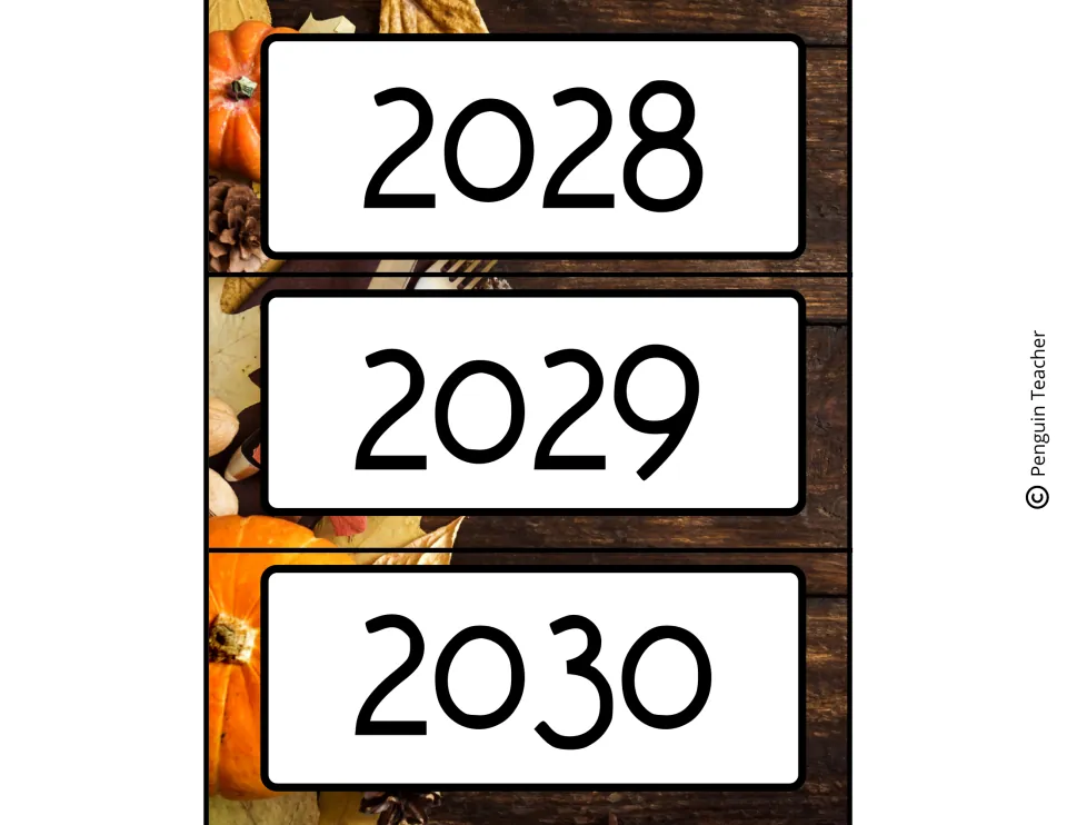Year headers 2028, 2029 and 2030 printed on a harvest-themed wood background with pumpkins and dried leaves