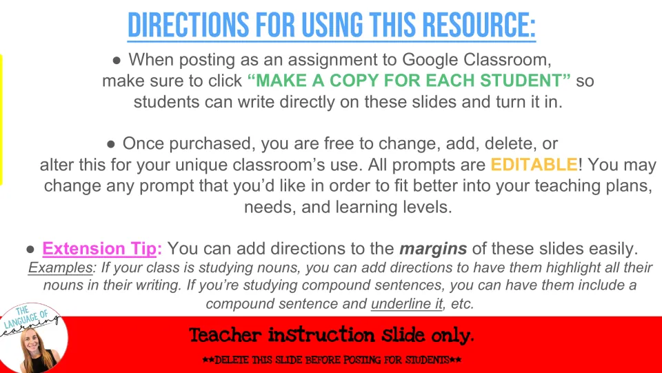 Teacher directions for copying slides in Google Classroom, editing prompts, and adding grammar tasks