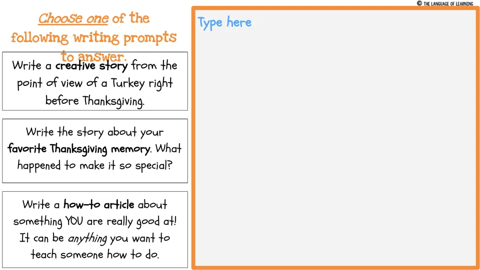 Week Two writing choices: a turkey's point of view, a favorite Thanksgiving memory, or a how-to article