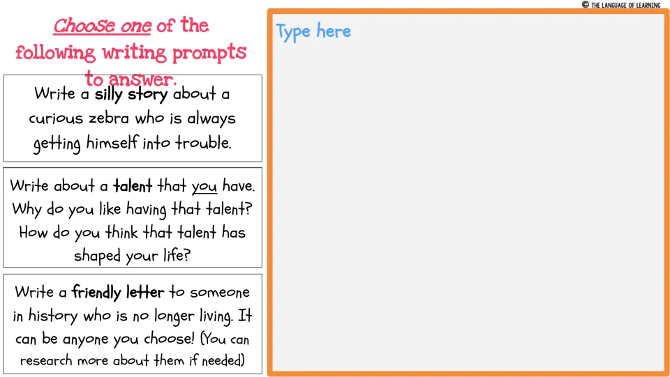 Week Four writing choices: a curious zebra story, a personal talent, or a friendly letter to a historical figure