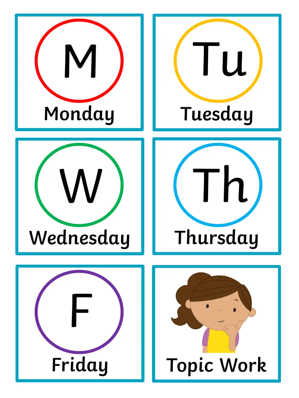 Day-of-week schedule cards: M, Tu, W, Th and F letter symbols for Monday to Friday, plus a Topic Work card