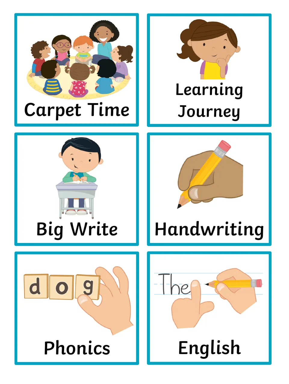 Literacy picture cards: Carpet Time, Learning Journey, Big Write, Handwriting, Phonics (d-o-g tiles) and English