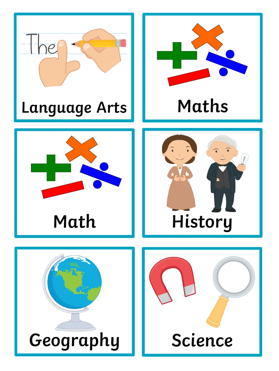 Subject symbols: Language Arts, Maths and Math with operation signs, History figures, a Geography globe, Science magnet