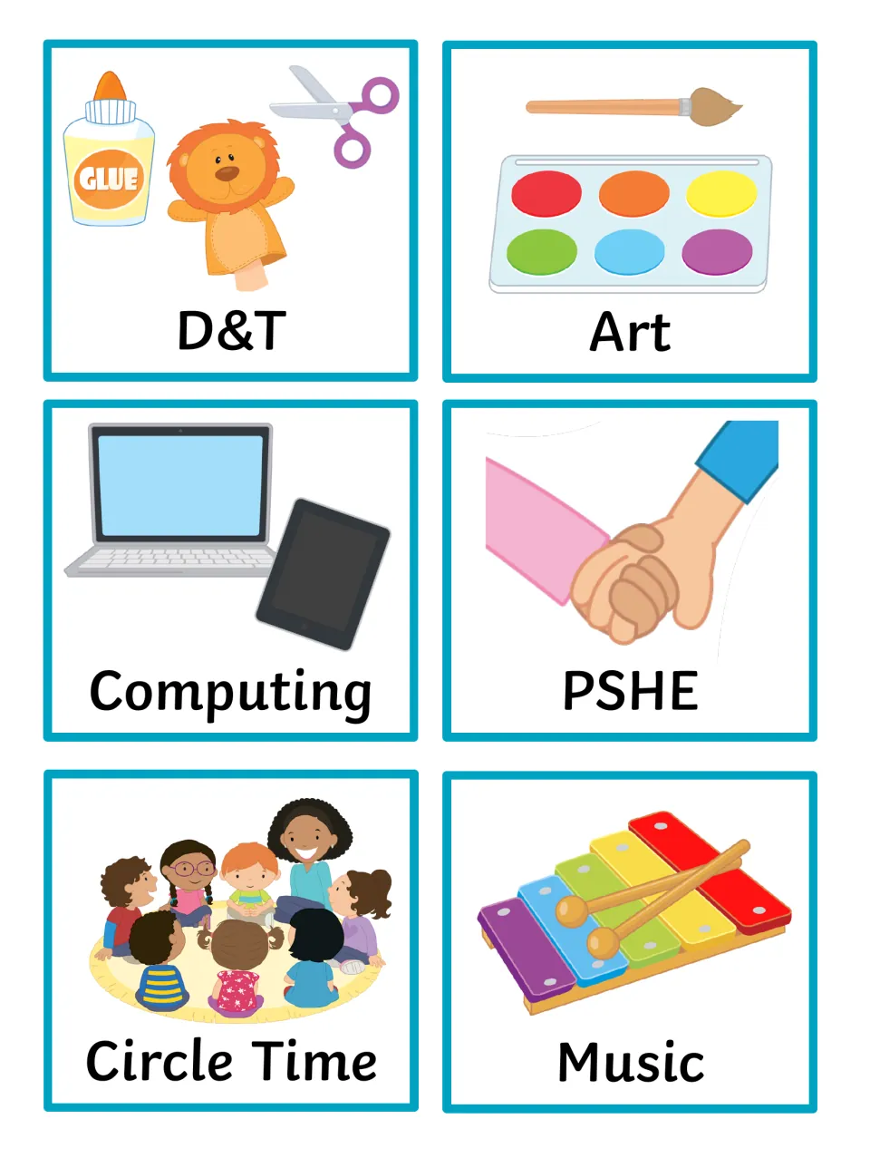 Lesson symbols for D&T (glue, puppet, scissors), Art paints, Computing laptop, PSHE held hands, Circle Time and Music