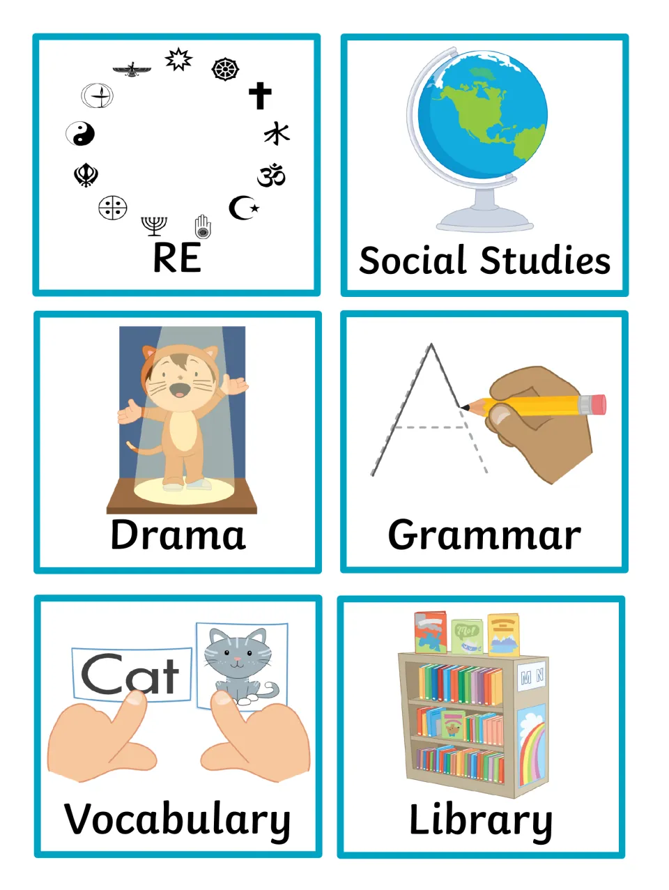 Activity symbols for RE (faith signs), Social Studies globe, Drama on stage, Grammar, Vocabulary cat card and Library