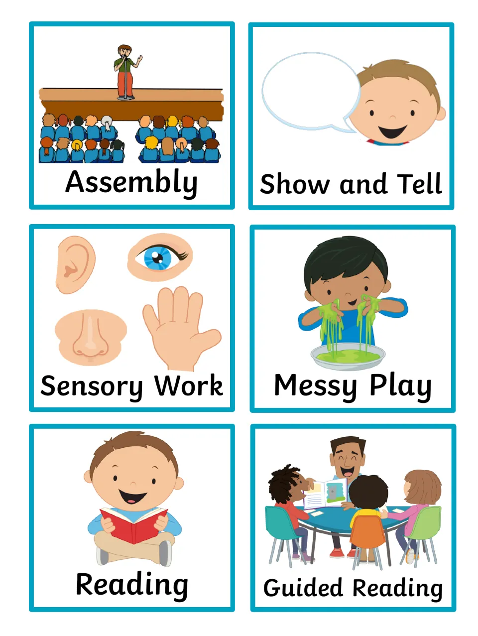 Routine cards for Assembly, Show and Tell, Sensory Work (ear, eye, nose, hand), Messy Play, Reading and Guided Reading
