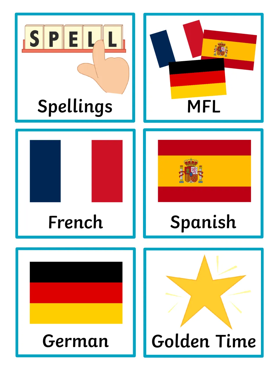 Language lesson cards: Spellings letter tiles, MFL flags, French, Spanish and German flags, and a Golden Time star