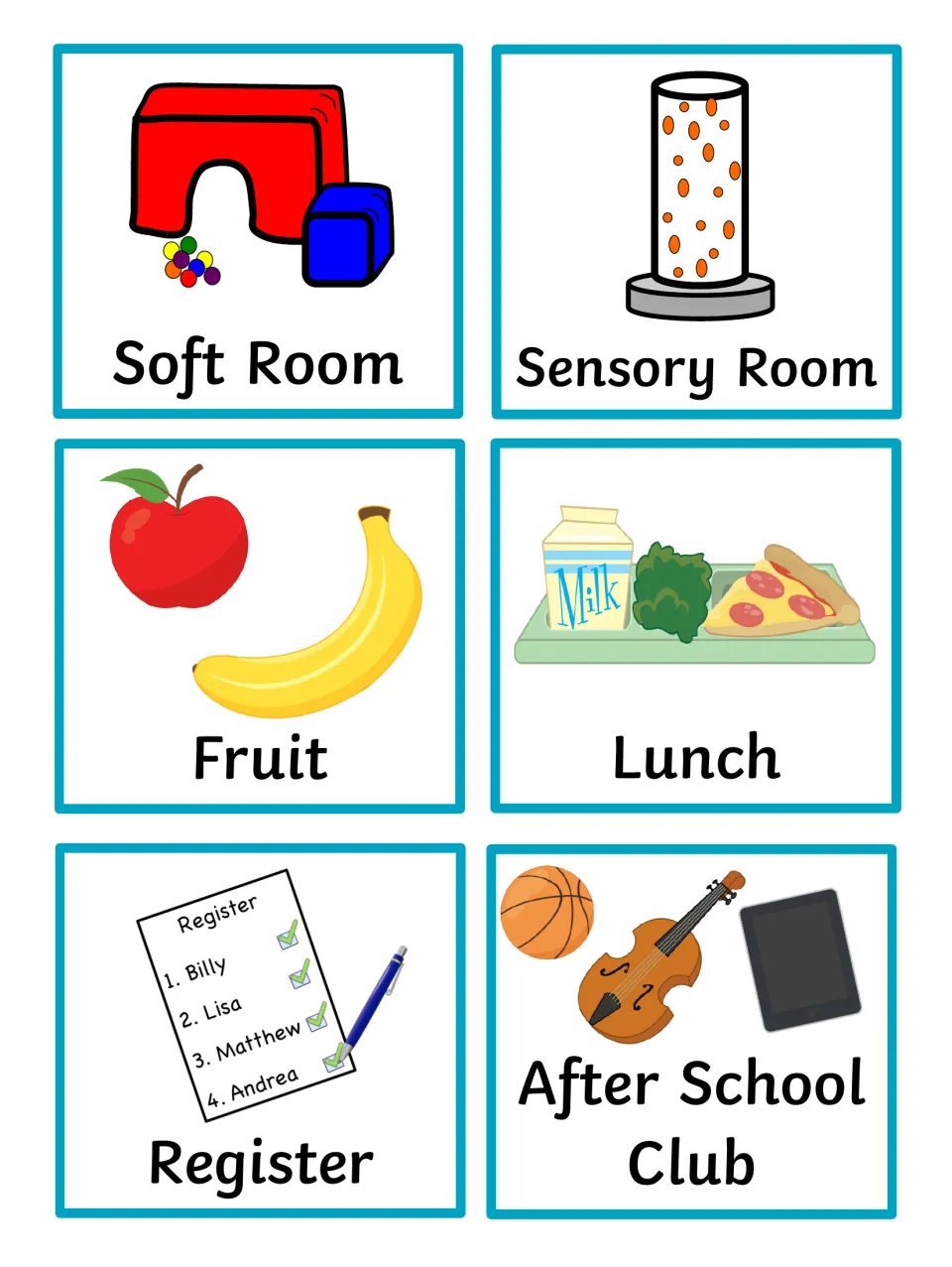 Daily routine symbols: Soft Room, Sensory Room bubble tube, Fruit, Lunch tray, Register checklist and After School Club