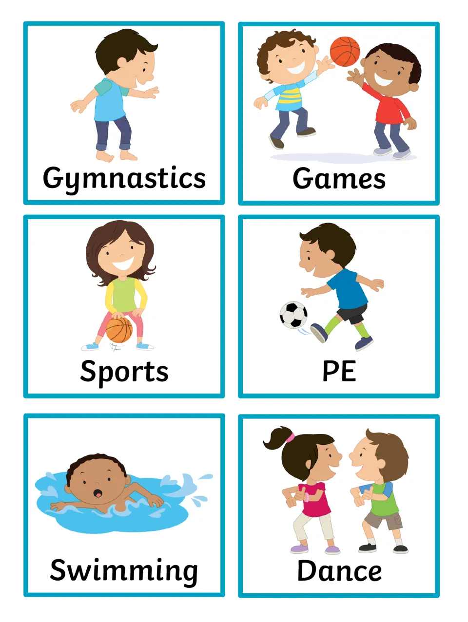 PE activity cards showing children in Gymnastics, Games, Sports, PE with a football, Swimming and Dance