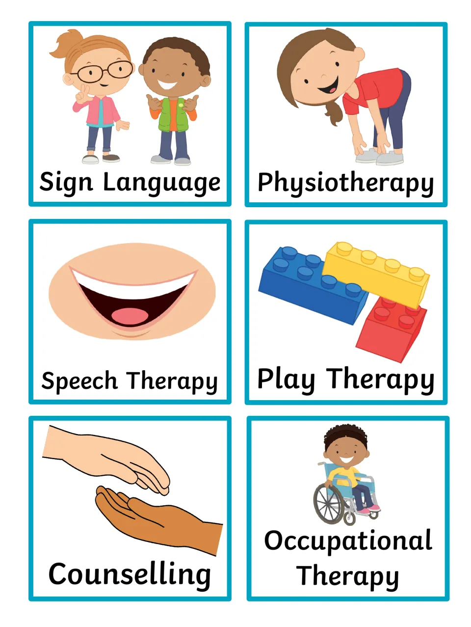 Therapy session cards: Sign Language, Physiotherapy, Speech Therapy, Play Therapy, Counselling and Occupational Therapy