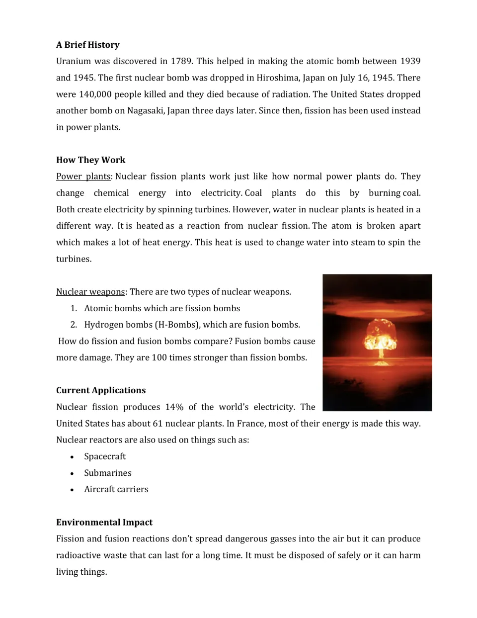 Nuclear energy history and uses: students read about Hiroshima, fission power plants, fusion bombs and radioactive waste