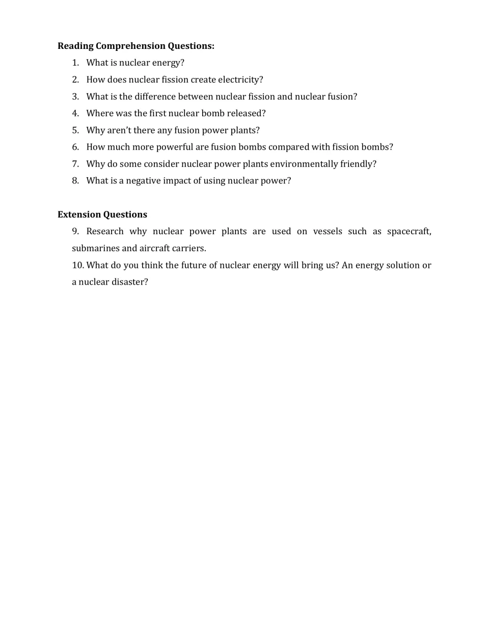 Nuclear energy comprehension: students answer 8 questions on fission, fusion and nuclear waste, plus 2 extension questions