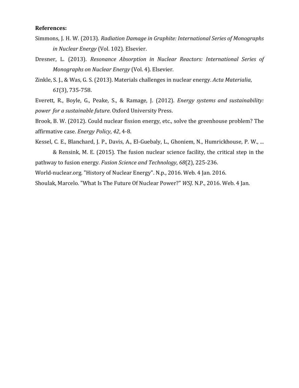 Reference list for the nuclear energy article citing books, journal papers, and World Nuclear and WSJ web sources