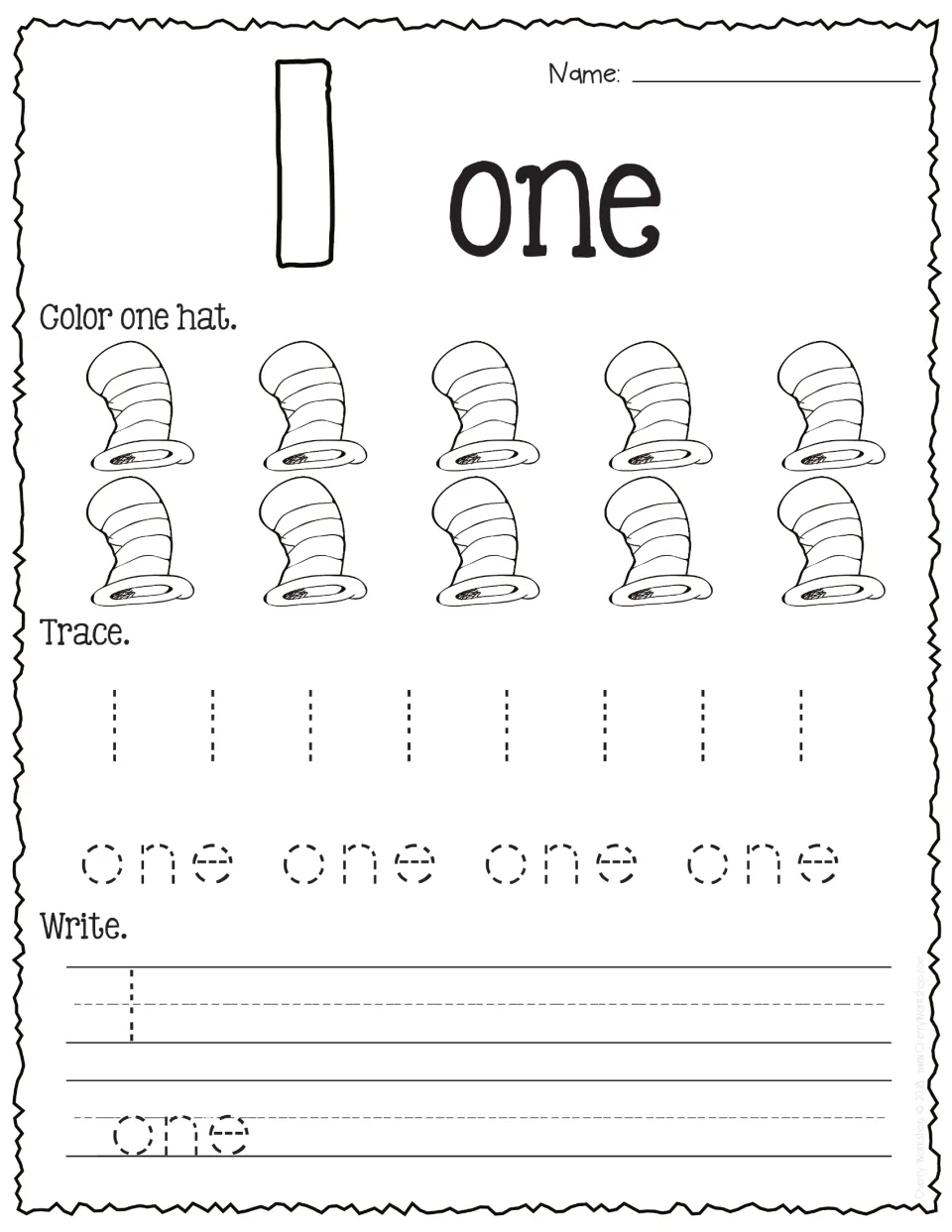 Number 1: students color one of ten striped hats, then trace and write the numeral and its number word
