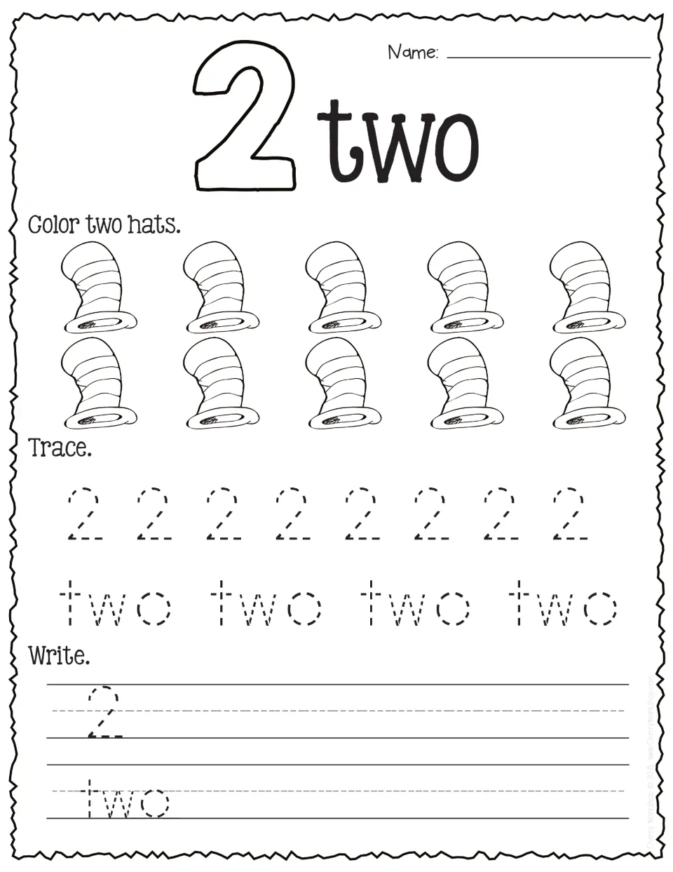 Number 2: students color two of ten striped hats, then trace and write the numeral and its number word