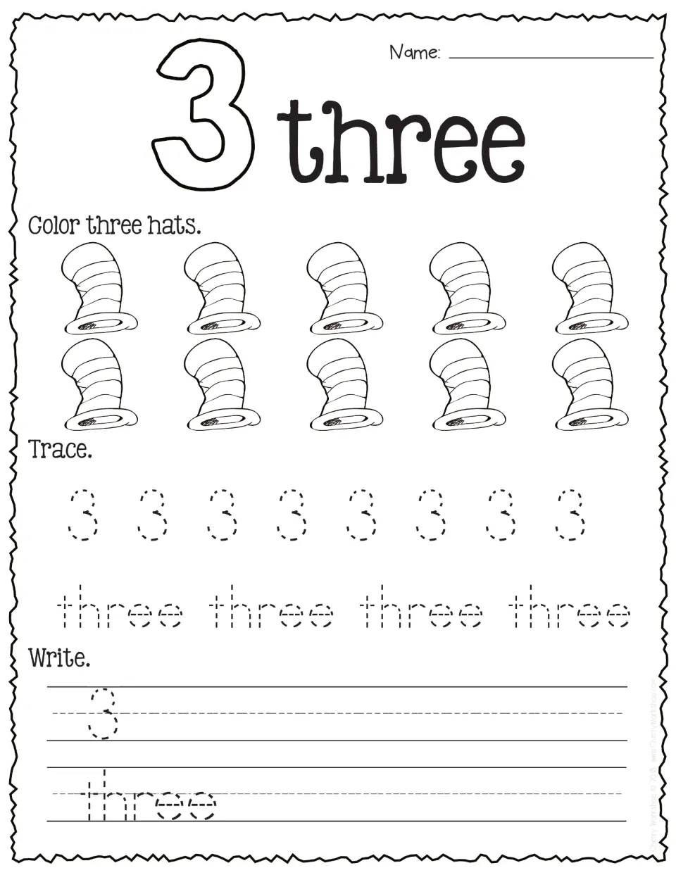 Number 3: students color three of ten striped hats, then trace and write the numeral and its number word