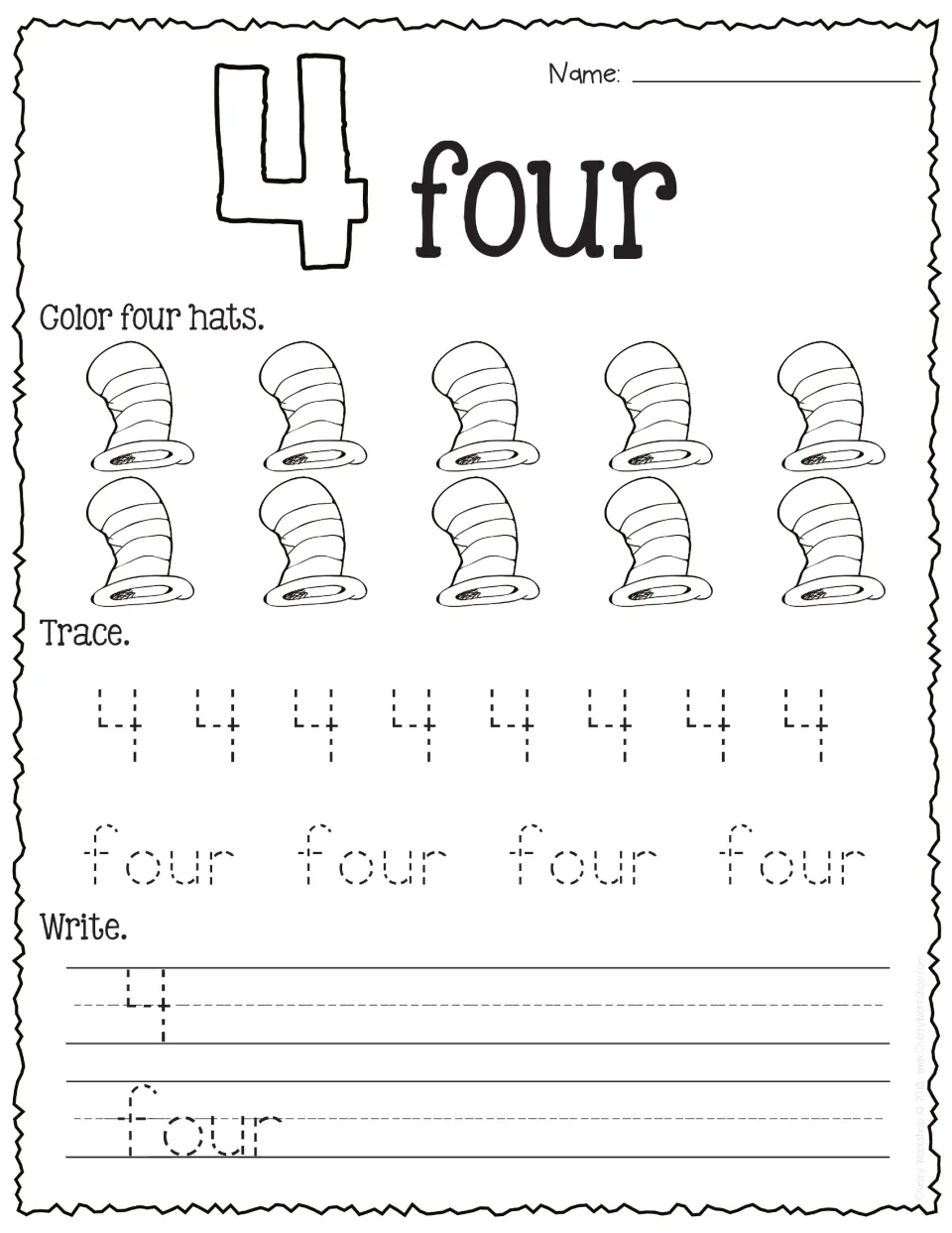 Number 4: students color four of ten striped hats, then trace and write the numeral and its number word