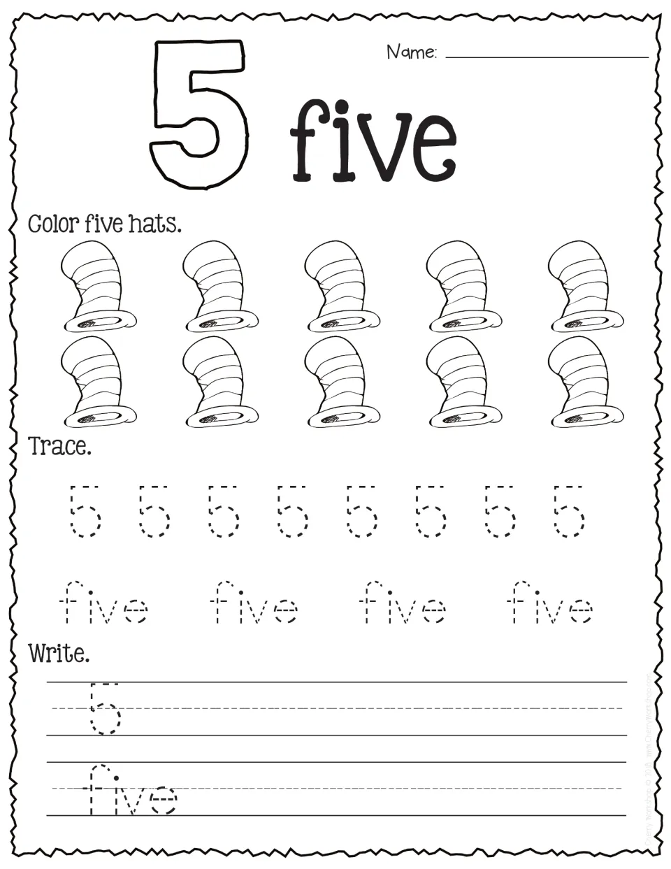 Number 5: students color five of ten striped hats, then trace and write the numeral and its number word