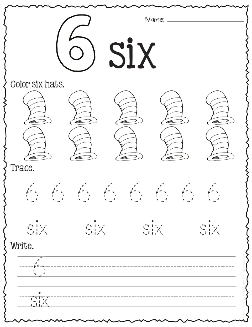 Number 6: students color six of ten striped hats, then trace and write the numeral and its number word