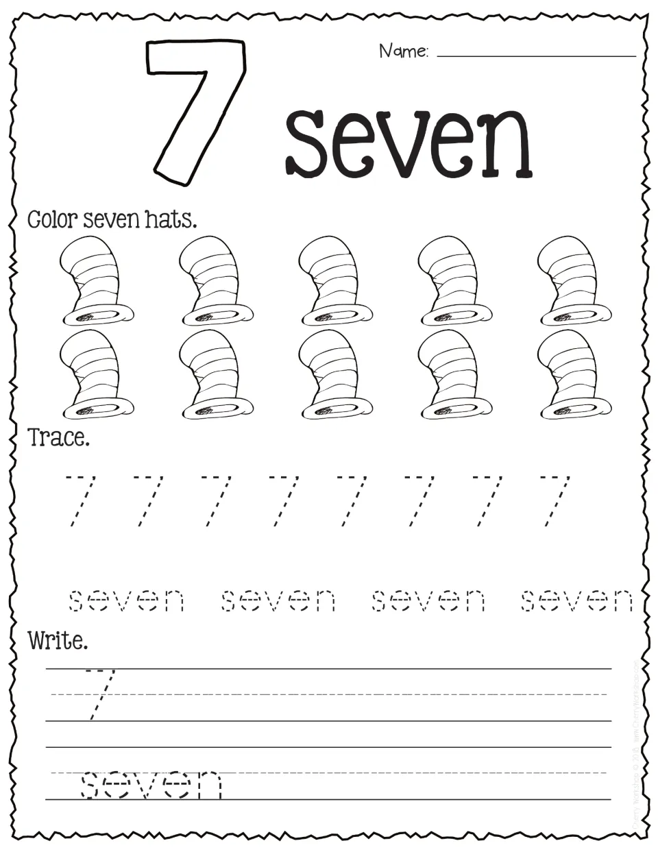 Number 7: students color seven of ten striped hats, then trace and write the numeral and its number word