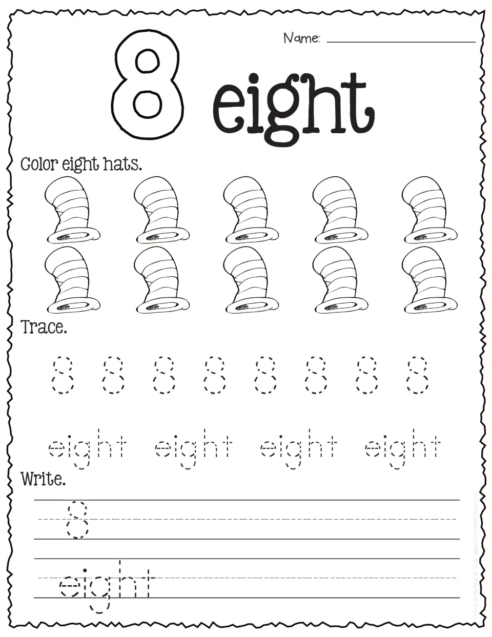 Number 8: students color eight of ten striped hats, then trace and write the numeral and its number word