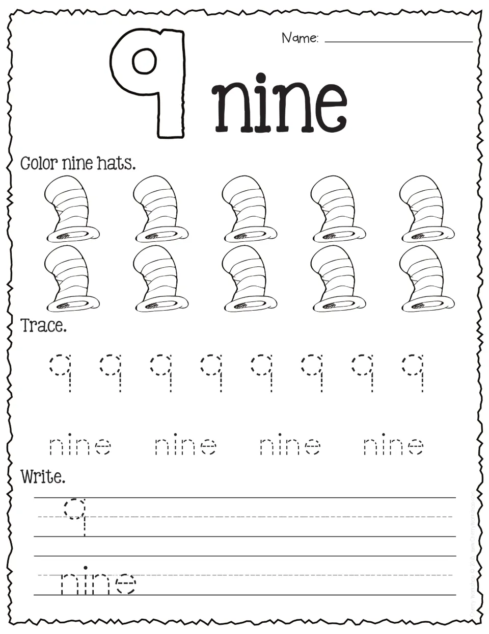 Number 9: students color nine of ten striped hats, then trace and write the numeral and its number word