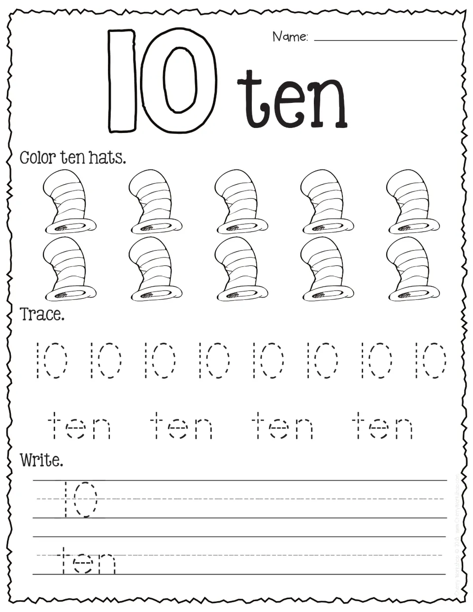 Number 10: students color all ten striped hats, then trace and write the numeral and its number word