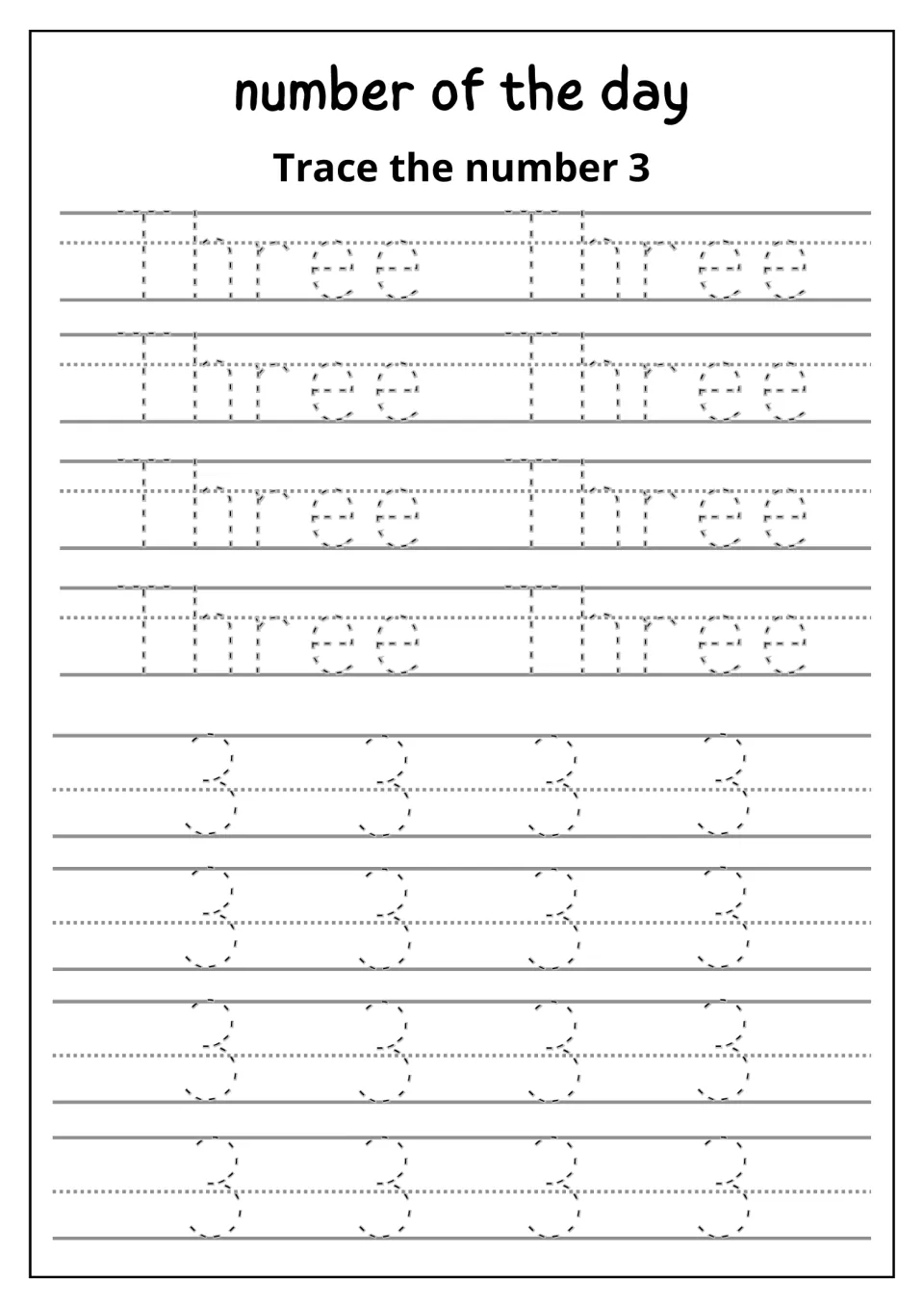 Number of the day, 3: students trace the word Three eight times, then trace 16 dotted numeral 3s for handwriting practice