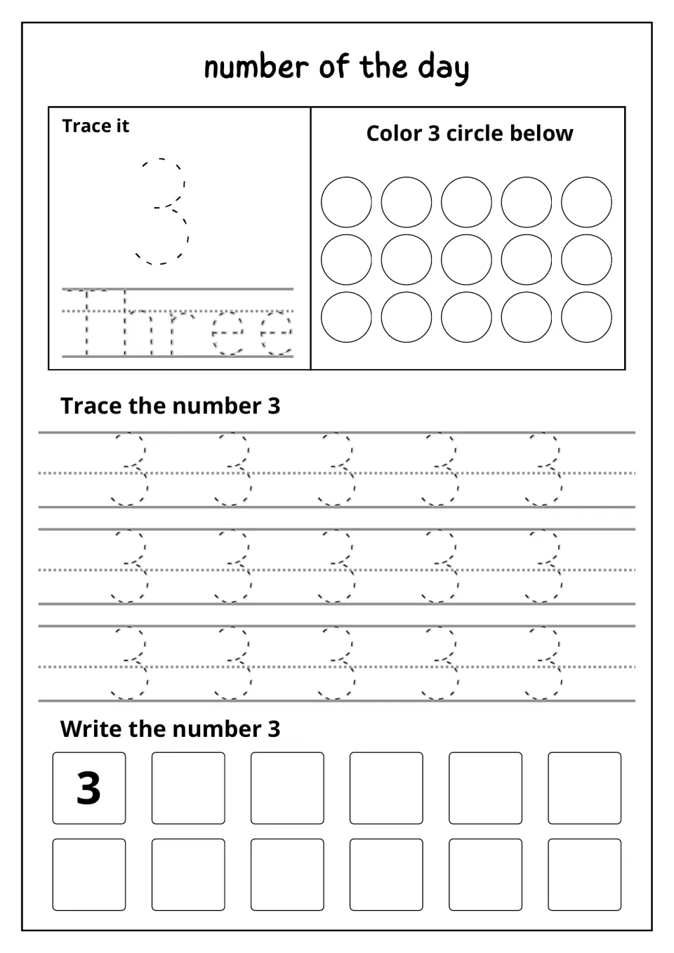 Number of the day, 3: trace 3 and Three, color three of the circles, trace 15 dotted 3s, then write 3 on their own