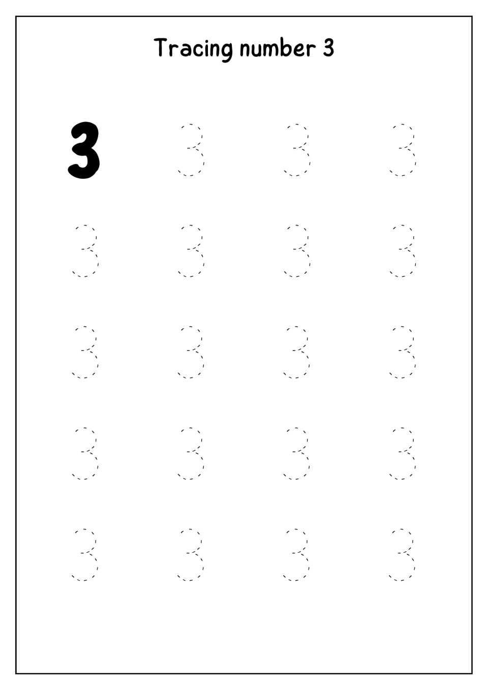 Tracing number 3: a bold model 3 followed by 19 dotted 3s for students to trace, practising how to form the numeral